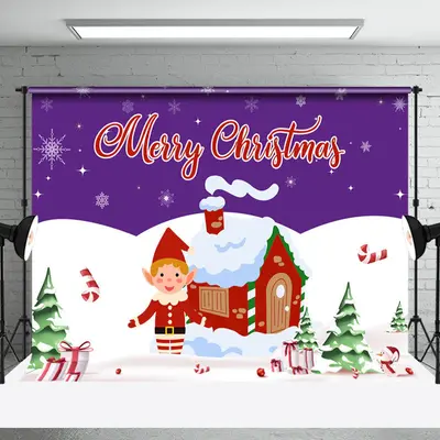 Purple Sky Snowy Field Cabin Elf Christmas Backdrop - Aperturee