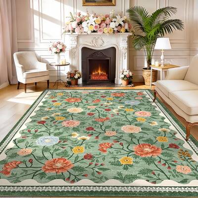 Garvee Washable 9x12 Area Rugs Non Slip Farmhouse Floral Print Accent Carpet Green Ultra Soft Low Pile