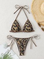 Two-piece Set Women's Leopard Print Contrast Binding Bikini Set, Sexy Halter Triangle Swim Bra & Tie Side Swim Panty, Ladies ...