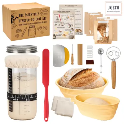 Sourdough Starter-To-Loaf Kit, Premium Silicone Oval & Round Bread Proofing Basket Set, Easy Baking Instructions, Complete So...