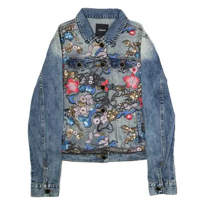 DESIGUAL Sequined Womens Denim Jacket Blue Floral UK 10