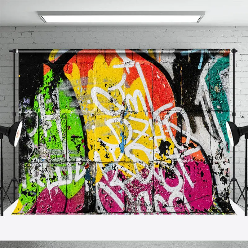 Retro Colorful Graffiti Brick Wall Photo Backdrop - Aperturee