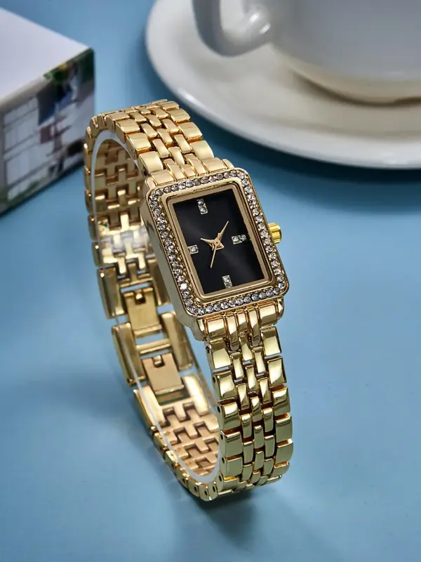 Women's Elegant Rhinestone Decorated Rectangle Dial Quartz Watch, Exquisite Trendy Wristwatch, Fashionable Watch for Women As...