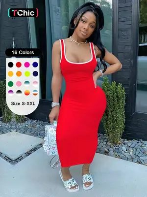 Women's Contrast Binding Square Neck Midi Tank Dress, Summer Clothes Women, Solid Sleeveless Bodycon Dress for Daily Wear, La...