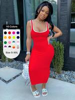Women's Contrast Binding Square Neck Midi Tank Dress, Summer Clothes Women, Solid Sleeveless Bodycon Dress, Ladies Clothes, S...