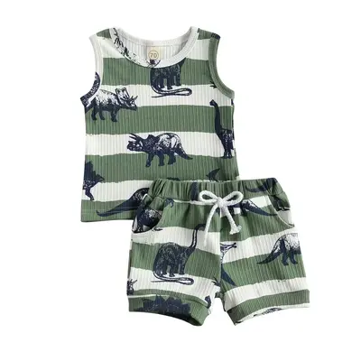 2Pcs Baby Boy Summer Outfit Tracksuits Cartoon Dinosaur Print Sleeveless Tank Top Vest + Elastic Waist Shorts Set for Infant ...