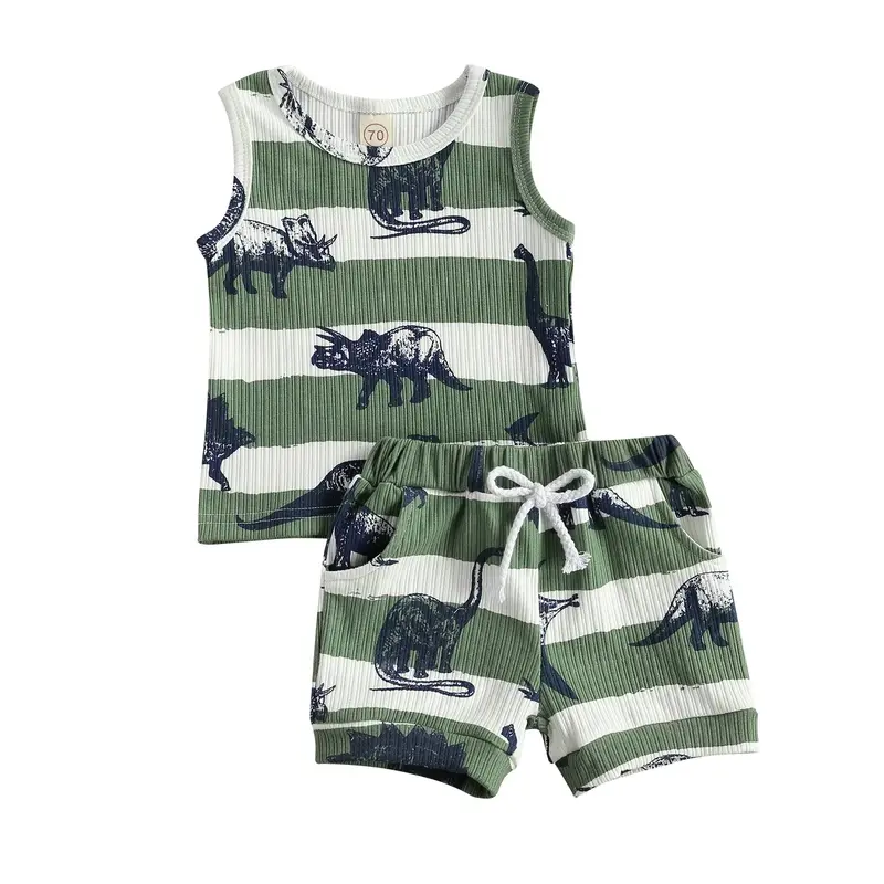 2Pcs Baby Boy Summer Outfit Tracksuits Cartoon Dinosaur Print Sleeveless Tank Top Vest + Elastic Waist Shorts Set for Infant ...