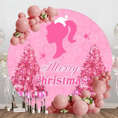 Pink Girl Heart Trees Round Merry Christmas Backdrop - Aperturee