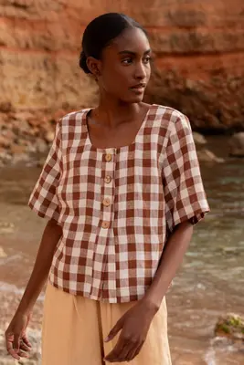 MAEVE top in Mocha Gingham | Size: M