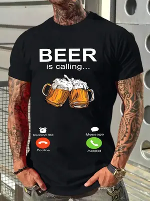 Men's Beer & Letter Graphic Round Neck Tee, Casual Comfy Regular Fit Short Sleeve T-Shirt for Summer, Knitting Top for Men