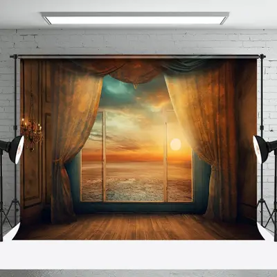 Retro Room Sunset Sea Sky Scenery Window Backdrop