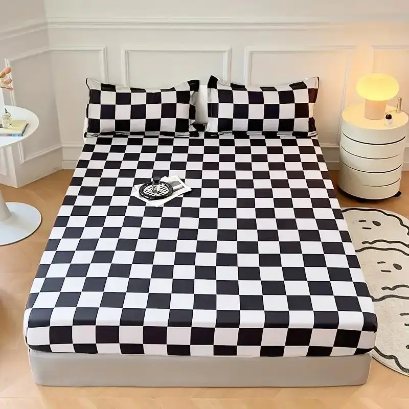 Plaid Pattern Fitted Sheet Set, 1 Set Including 1 Fitted Sheet and 1/2 Pillowcases without Filler, Comfy Bed Sets, Soft Comf...