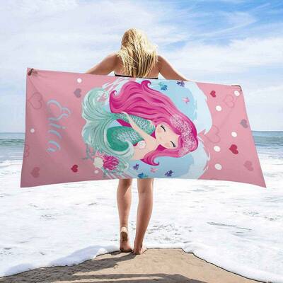 Pink Mermaid Cute Girl Personalized Name Beach Towel - Aperturee