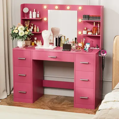 HOMALL Makeup Vanity Desk With Mirror and Lights, Pink Vanity with 7 Drawers & Power Outlet, 3 Color Lighting Modes, Bedroom ...