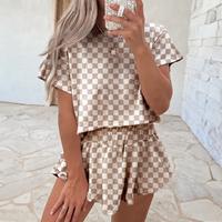 Women‘s Two Piece Set, Checkerboard T Shirt and Ruffle High Waist Skort Set,2025 Summer Casual Sets for Daily Wear