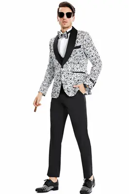 Vintage Splatter Print Prom Tuxedo - Men's One Button Vested Shawl Lapel in Silver Grey