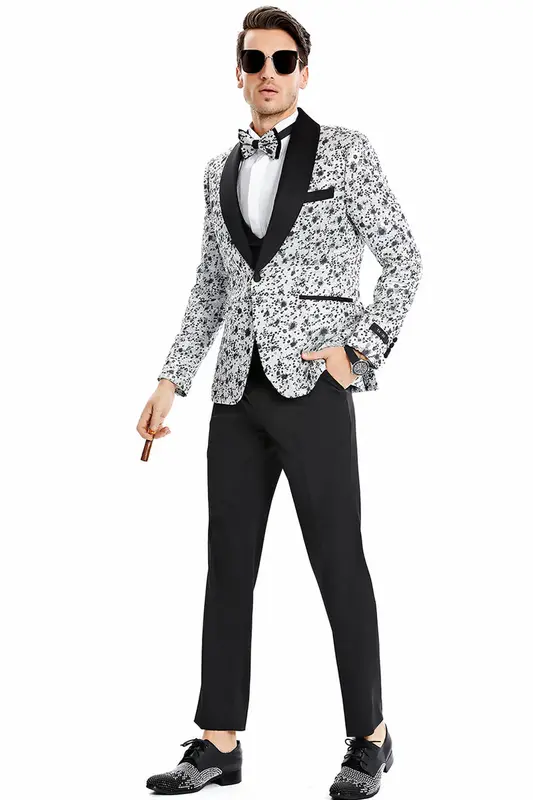 Vintage Splatter Print Prom Tuxedo - Men's One Button Vested Shawl Lapel in Silver Grey