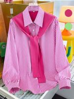 Women's Striped Print Tie Front Shirt, Casual Long Sleeve Collared Top for Spring & Fall, Women's Clothing for Daily Wear