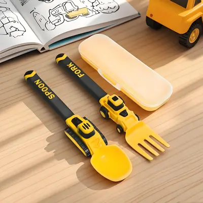 Construction Vehicle Kids Utensil Set 🚜 | 3-Piece Feeding Set with Spoon, Fork & Storage Case | Soft Grip | Dishwasher Saf...