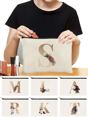 Letter Pattern Cosmetic Bag, Portable Zipper Travel Storage Flower Print Toiletry Pouch, Women's Bags for Wedding Bridal Brid...