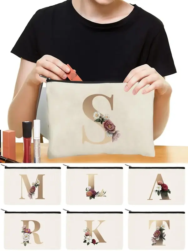 Letter Pattern Cosmetic Bag, Portable Zipper Travel Storage Flower Print Toiletry Pouch, Women's Bags for Wedding Bridal Brid...