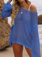Women's Solid Crochet Hollow Out Side Split One Shoulder Cover Up, Fashion Casual Drop Shoulder Long Sleeve Top for Women Bea...