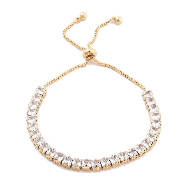 Brass Pave Clear Cubic Zirconia Square Box Chain Slider Bracelets