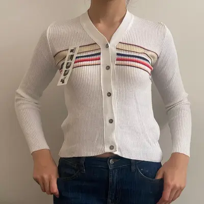 Teddy Striped Cardigan - Small White Cotton Blend