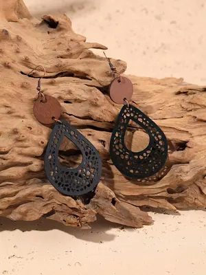 Boho Style Wooden Hollow Out Waterdrop Design Drop Earrings, Hollow Dangle Earrings, Fashion Jewelry Accessories For Women
