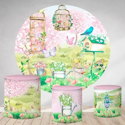 Aperturee Circle Spring Pink Floral Round Garden Birthday Backdrop | Custom Round Backdrop | Round Backdrop Fabric Cover | Ro...