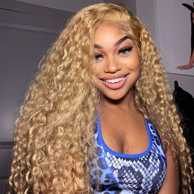 ISEE Wear Go Deep Curly Honey Blonde #27 Color Wigs Pre-Cut Glueless Lace Wig
