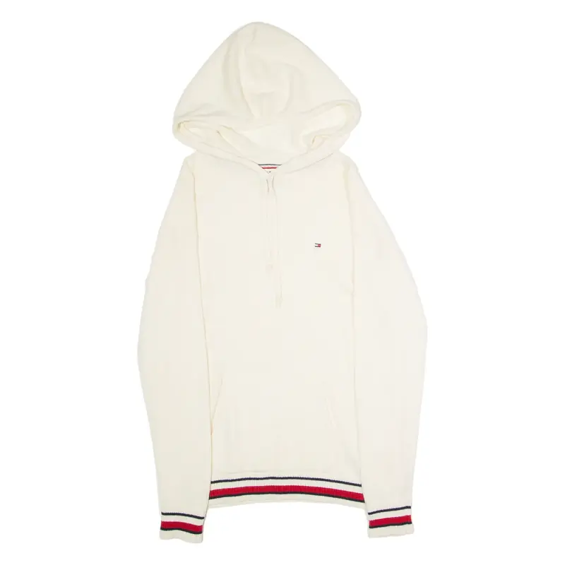 TOMMY HILFIGER Hooded Mens Patterned Jumper Cream Striped Crew Neck Wool S