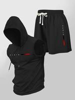 Two-piece Set Men's Letter Print Hooded Vest & Drawstring Waist Shorts Set, Regular Fit Sleeveless Top & Track Shorts, Casual...