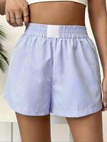 Women's Striped Print Elastic Waist Wide Leg Shorts, Casual High Waist Patched Shorts for Summer, Ladies Bottoms for Daily W...