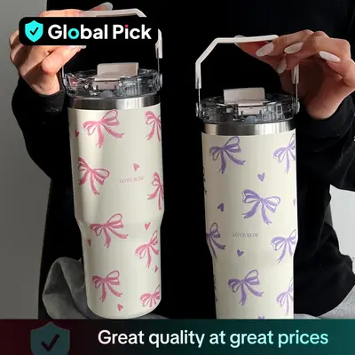 Butterfly & Heart Pattern Vacuum Flask, 1 Count Large Capacity Insulated Water Bottle with Handle & Straw, Summer Cool Bottle...