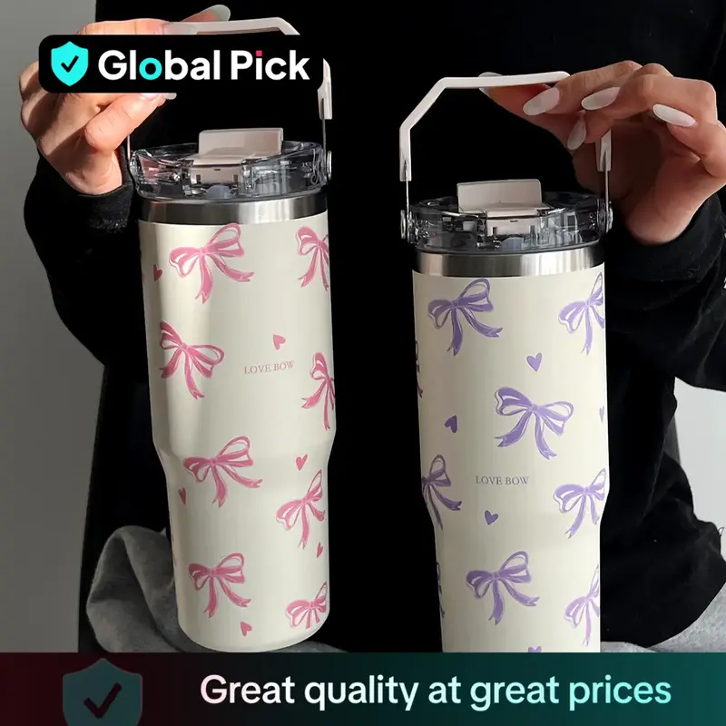 Butterfly & Heart Pattern Vacuum Flask, 1 Count Large Capacity Insulated Water Bottle with Handle & Straw, Summer Cool Bottle...