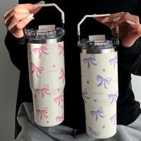 Cute Butterfly & Heart Pattern Vacuum Flask, 1 Count Large Capacity Insulated Water Bottle with Handle & Straw, Stainless Ste...