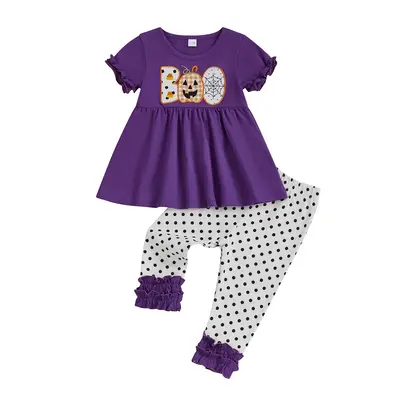 FOCUSNORM Toddler Baby Girl Halloween Outfit Pumpkin Letter Short Sleeve Dress Tops Polka Dots Ruffle Pants 2Pcs Set Fall Clo...