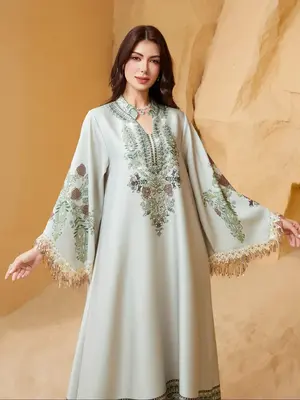 Women's Embroidery  Long Sleeve Dress, Elegant Fringe Trim Arabic Clothing for Party Evening Formal Occasions, Ladies Clothes...
