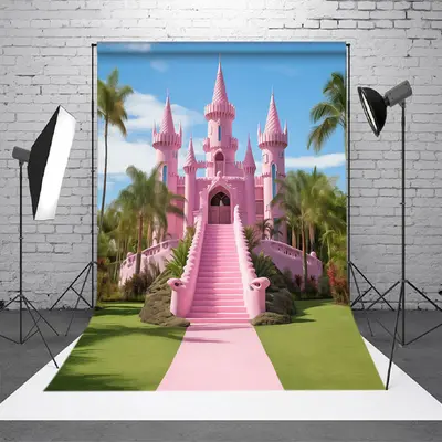 Pink Castle Coconut Palm Green Lawn Dance Backdrop - Aperturee
