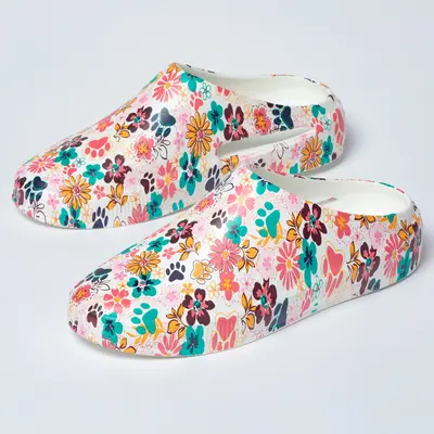 Paw Print Vented Lightweight Slip-On Clogs - Flowers & Paws - 9
