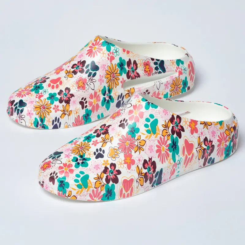 Paw Print Vented Lightweight Slip-On Clogs - Flowers & Paws - 9