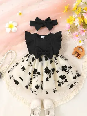 2-piece set of soft, comfortable and cute baby girl bow decoration, ruffle edge splicing, floral embroidery mesh princess dre...