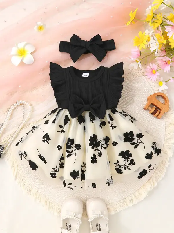 2-piece set of soft, comfortable and cute baby girl bow decoration, ruffle edge splicing, floral embroidery mesh princess dre...