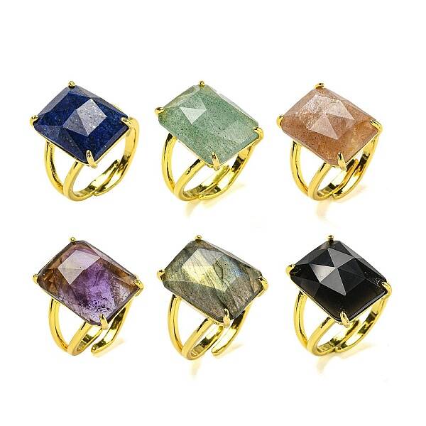 Rectangle Natural Gemstone Open Cuff Rings