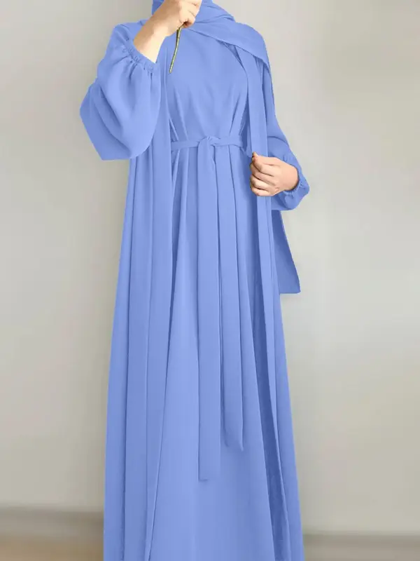 Women's Solid Color  Abaya & Belted  Dress Set, Modest Casual Long Sleeve Open Front Outerwear & Dress Set for Daily Wear, La...