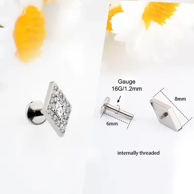CZ Spike Internally Threaded Titanium Cartilage Stud - Rhomboid