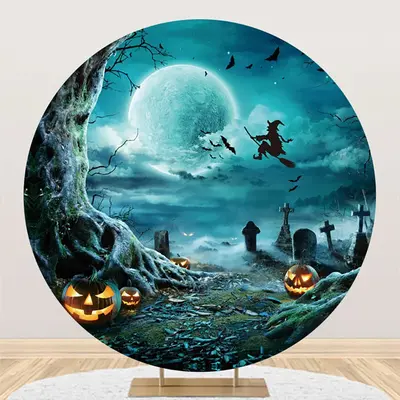 Round Moon Night Tree Cemetery Halloween Backdrop