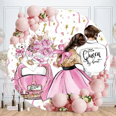 Aperturee Rose Pink Glitter Girl And Boy Round Wedding Backdrop