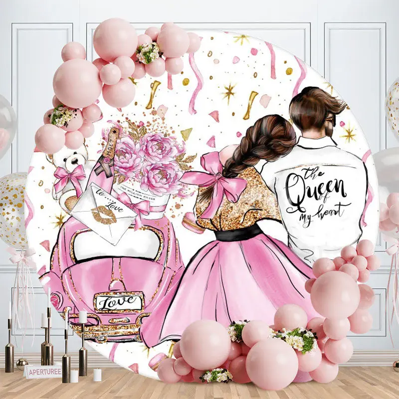 Aperturee Rose Pink Glitter Girl And Boy Round Wedding Backdrop